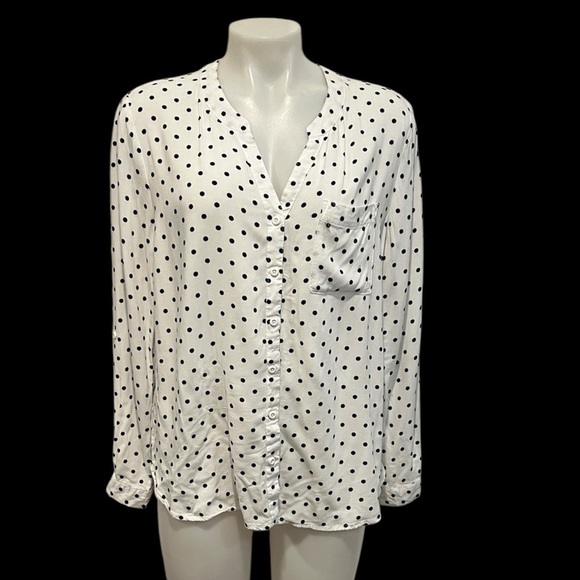 Per Se women’s v neck white black polka dot button down long sleeve blouse L - Picture 1 of 6